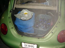 Debbie, my 2005 Cybergreen VW New Beetle, sporting some Quizno's sandwiches and BAWLS lightly carbonated energy drinks. Debbie wins 'Best Supporting Role'